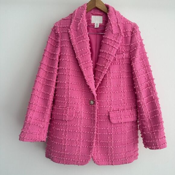 H&M Tweed Jacket Womens Small Pink Textured Weave Boucle Blazer Parisian Barbie - Picture 1 of 13